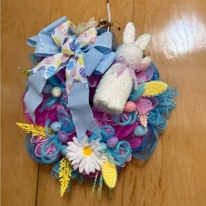 Colorful Easter Wreath with Bunny and Bow